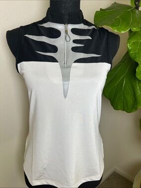 Jamie Sadock Women’s 1/4 Zip Sleeveless Athletic Black White Top Shirt Tank S